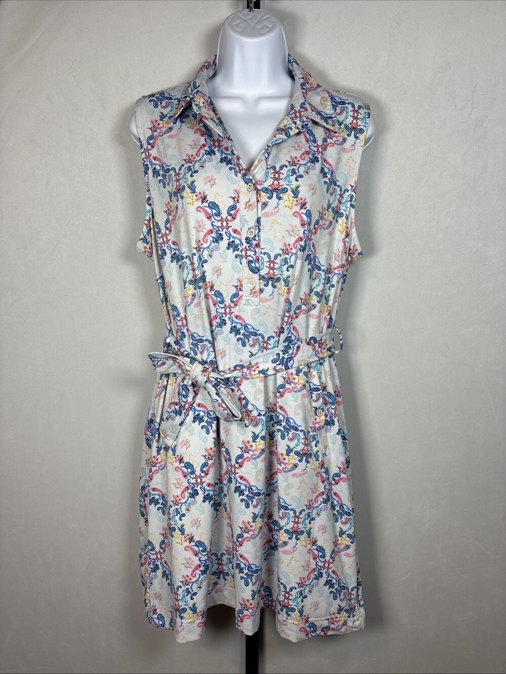 Lulu B Sleeveless Safari Dress Large Colorful Collared Tie Waist Resort UPF 50+